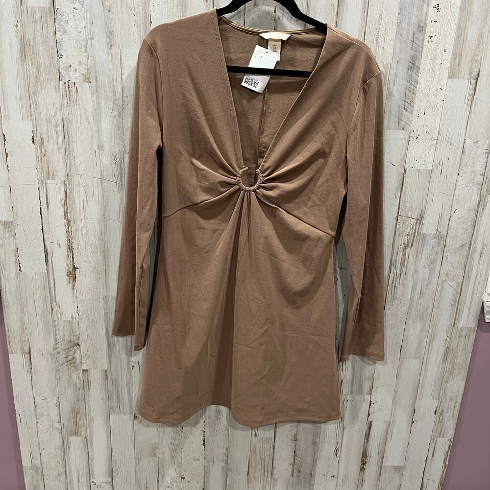 New! H&M Brown V Neck Ring Sexy Long Sleeve Mini Dress Womens Medium
